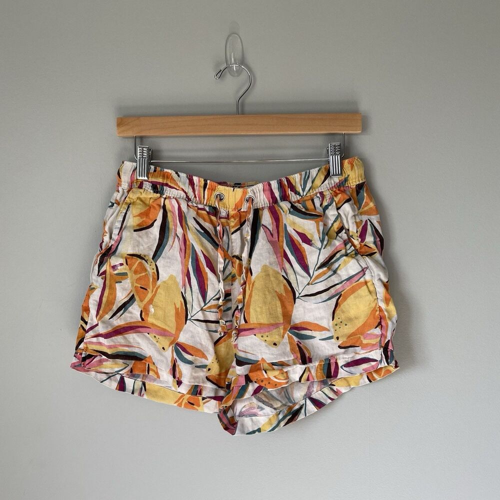C&C California 100% Linen Shorts Tropical Print Oranges Drawstring Size Medium
